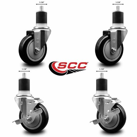 Service Caster 4'' Black Poly Wheel Swivel 1-7/8'' Expanding Stem Caster Set 2 Brakes, 4PK SCC-EX20S414-PPUB-BLK-2-TLB-2-178